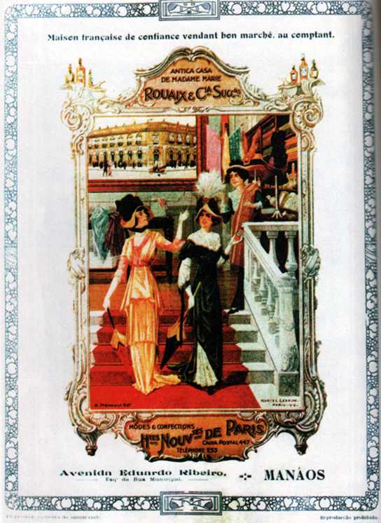 Cartaz litográfico da casa Rouaix & Cia, sucessores da antiga Casa de Madame Marie, especialista em roupas finas e adereços para senhoras, localizada na Av. Eduardo Ribeiro com a Rua Municipal.