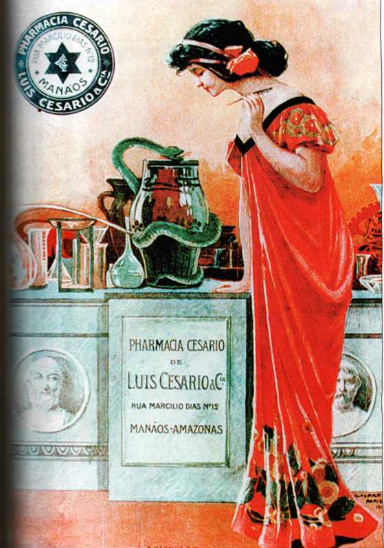 Cartaz litográfico da Pharmacia Cesario, estabelecida na Rua Marcílio Dias. Atente-se para a bela policromia, produzida pelas oficinas Gallimard, Paris.