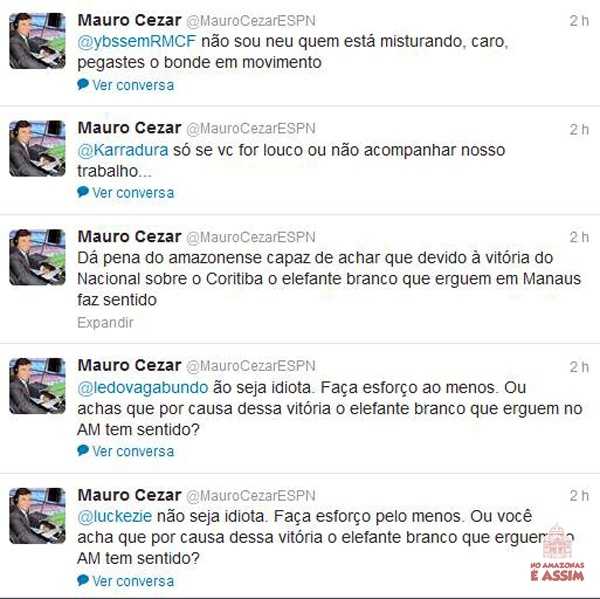 Enquanto o Leão da Vila Municipal se classificava o "pseudo-jornalista" Mauro Cezar da ESPN (isso, aquele mesmo energumeno que ficou falando que não existe time no Amazonas) nos atacava em seu twitter....!
