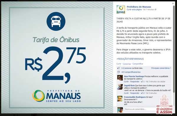 Manaus venceu! A partir de julho passagem volta pra R$2,75