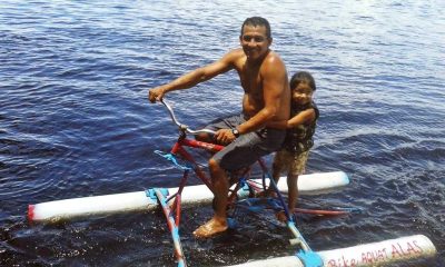Mecânico de Barcelos-AM cria bicicleta aquática para pedalar no Rio Negro