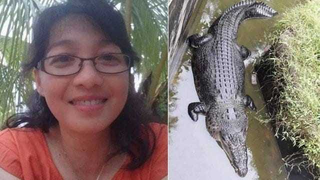 A cientista Deasy Tuwo, de 44 anos, junto com o crocodilo Marry. / Foto: Reprodução