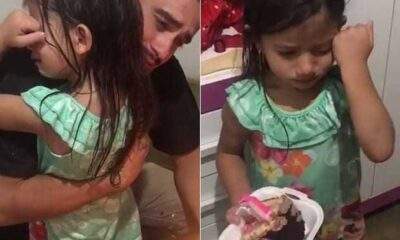 Pai sem grana, dá uma fatia de bolo pra comemorar o aniversário da filha. Internet se derreteu