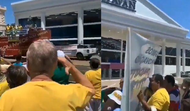 “Essa é pra você, Gilmar Mendes!” gritam manifestantes em frente a uma estátua da loja Havan