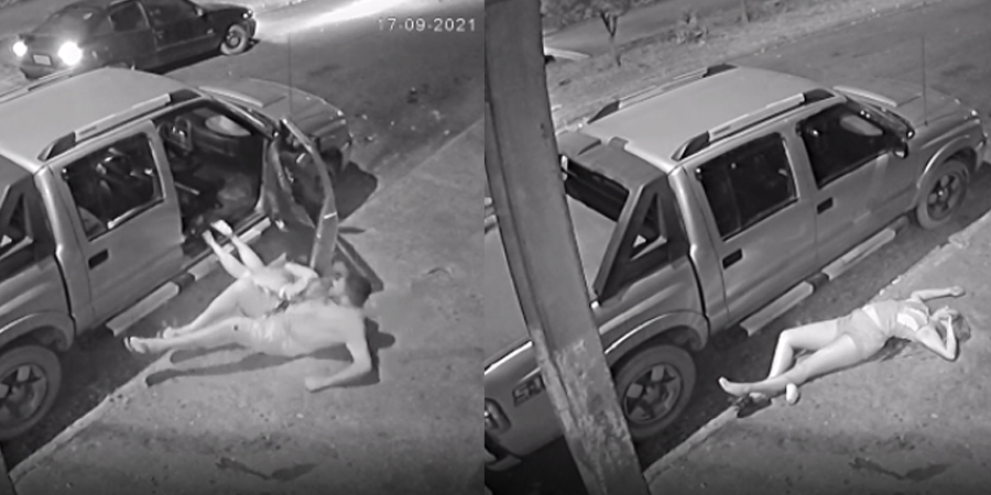 Vídeo : Câmera flagra momento em que homem abandonando corpo de mulher ensanguentado logo após ela ser esfaqueada