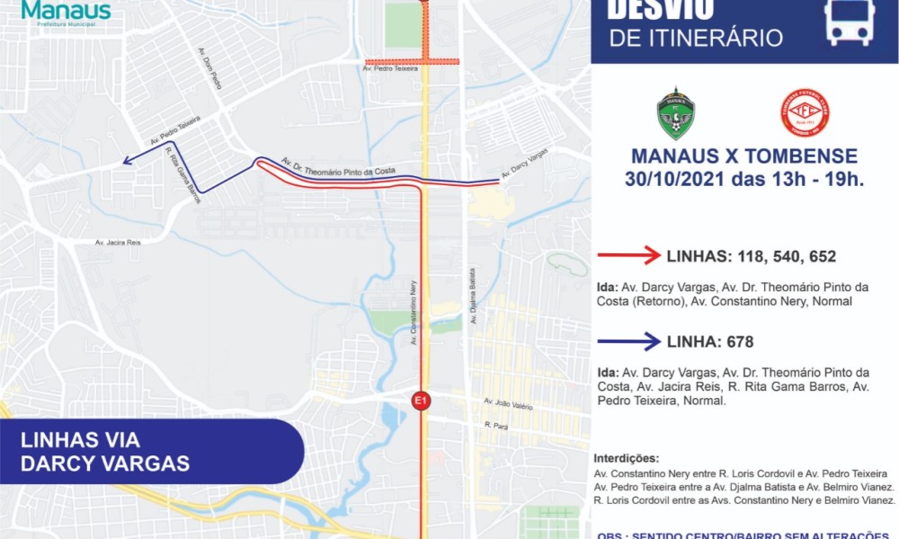 Prefeitura realiza desvios no trânsito e transportes para o jogo Manaus x Tombense neste sábado, 30/10
