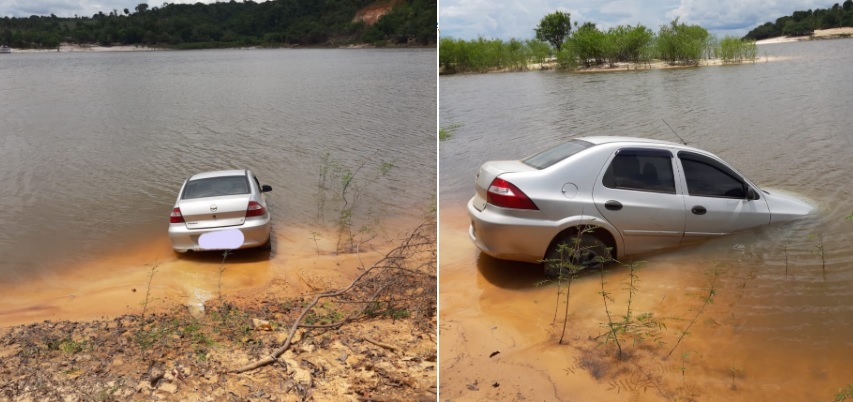 Assaltantes jogam carro dentro de rio, após tentativa de assalto a banco em Silves, no Amazonas