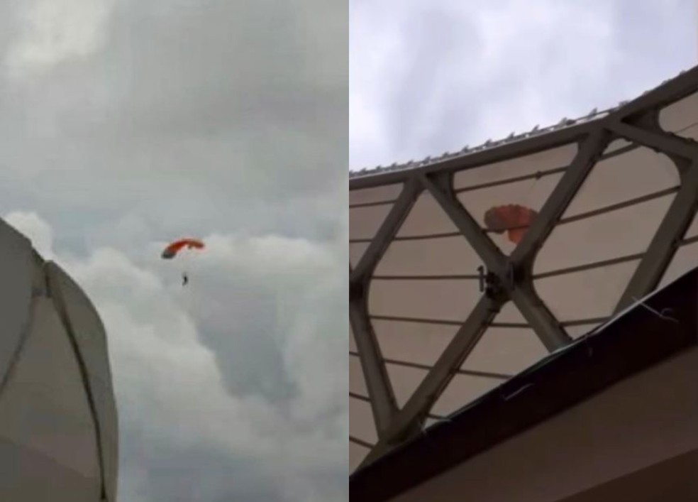Cunhatã pousa de paraquedas no teto da Arena da Amazônia