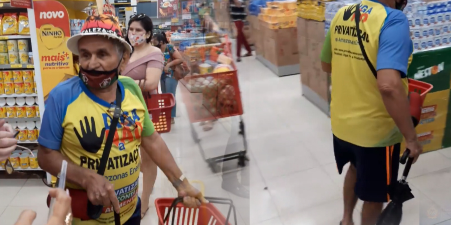 Idoso pendura caixa de som e ouve brega rasgado enquanto faz compras em supermercado de Manaus