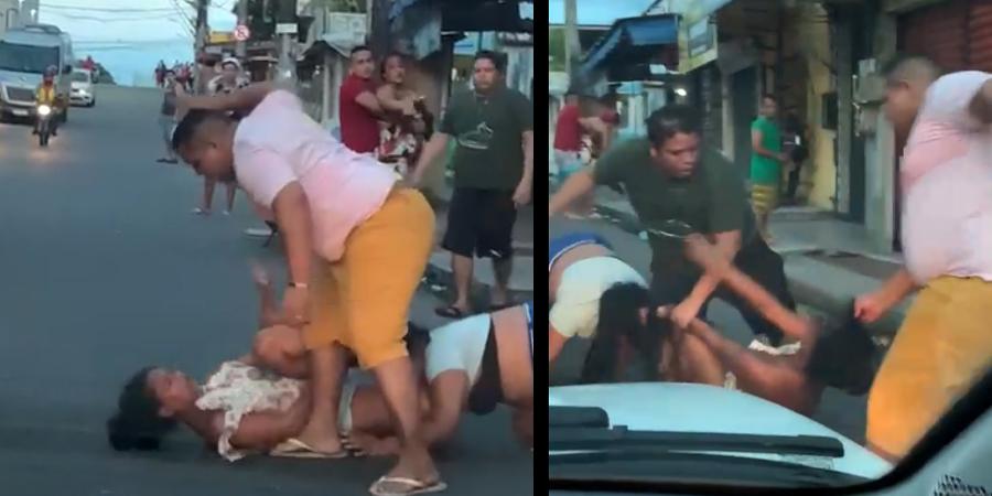 Brutamontes são flagrados dando socos violentos em uma mulher que já estava brigando com outra mulher!