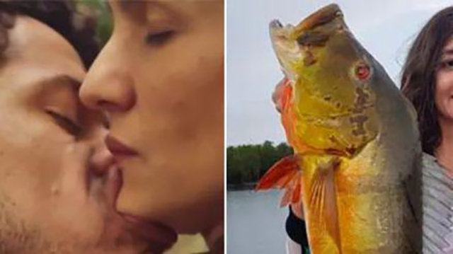 Boca de Tadeu em beijo com Zena, no Pantanal, é comparável à boca de um tucunaré e rende diversos memes!