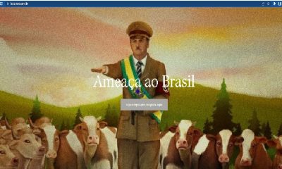 Imagem destaque do site bolsonaro.com.br mostra caricatura de Jair Bolsonaro (PL) como Hitler, cercado por vacas, em referência ao apelido pejorativo dado a seus apoiadores: "gado" - Reprodução
