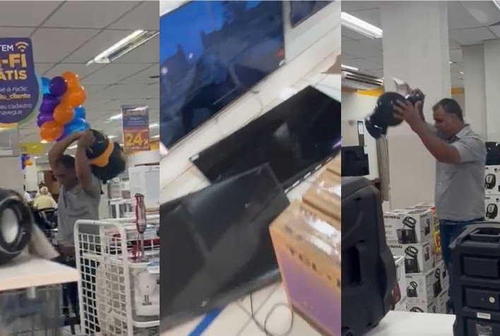 Vídeos: Homem surta e quebra tudo dentro de loja de eletrodomésticos