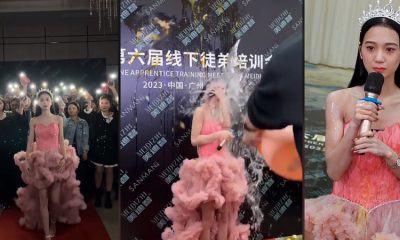 Vídeo Viral : Saiba porque estão atirando ovos e um balde d'água na apresentadora de vestido rosa