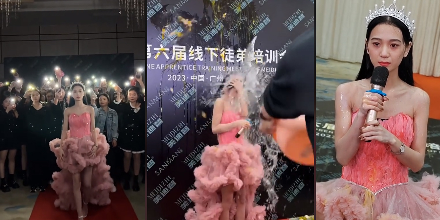 Vídeo Viral : Saiba porque estão atirando ovos e um balde d'água na apresentadora de vestido rosa