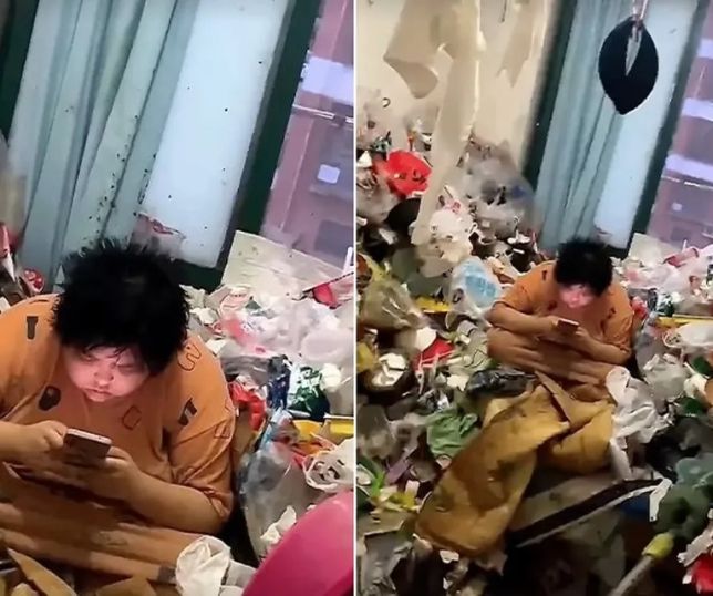 Mulher faz faxina em apartamento na China com lixo acumulado de um ano — Foto: Reprodução