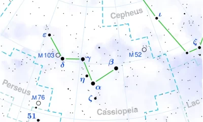 Constelação de Cassiopeia, na forma da letra 'w', ao lado esquerdo da constelação de Perseus. — Foto: Reprodução/Wikipedia