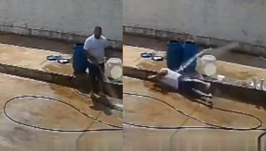 Vídeo : Homem joga água na tomada sem querer, pega descarga elétrica e morre enquanto lavava a calçada!