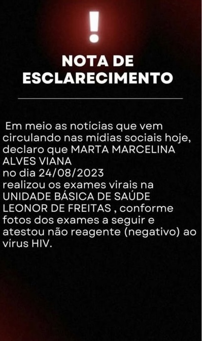 Nota de Esclarecimento sobre HIV da Marta Marcelina, ex-namorada do Lucas Picolé / Foto : Divulgação
