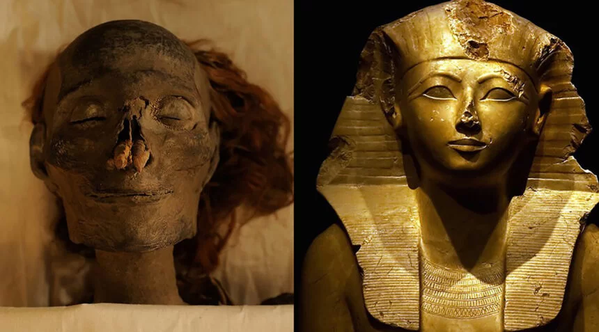 Esta é a múmia de 3.500 anos da rainha egípcia Hatshepsut, considerada a "primeira Faraó". Ela parece sorrir
