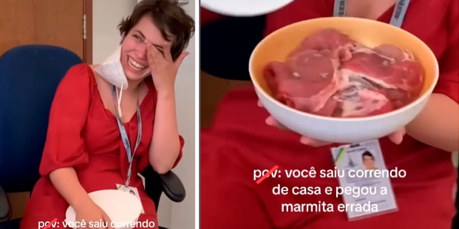 Mulher sai afobada de casa e leva bife cru na marmita e vídeo viraliza. Veja o vídeo!