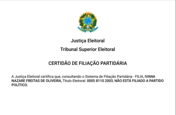 Certidão de Filiação Partidária / Foto : Divulgação