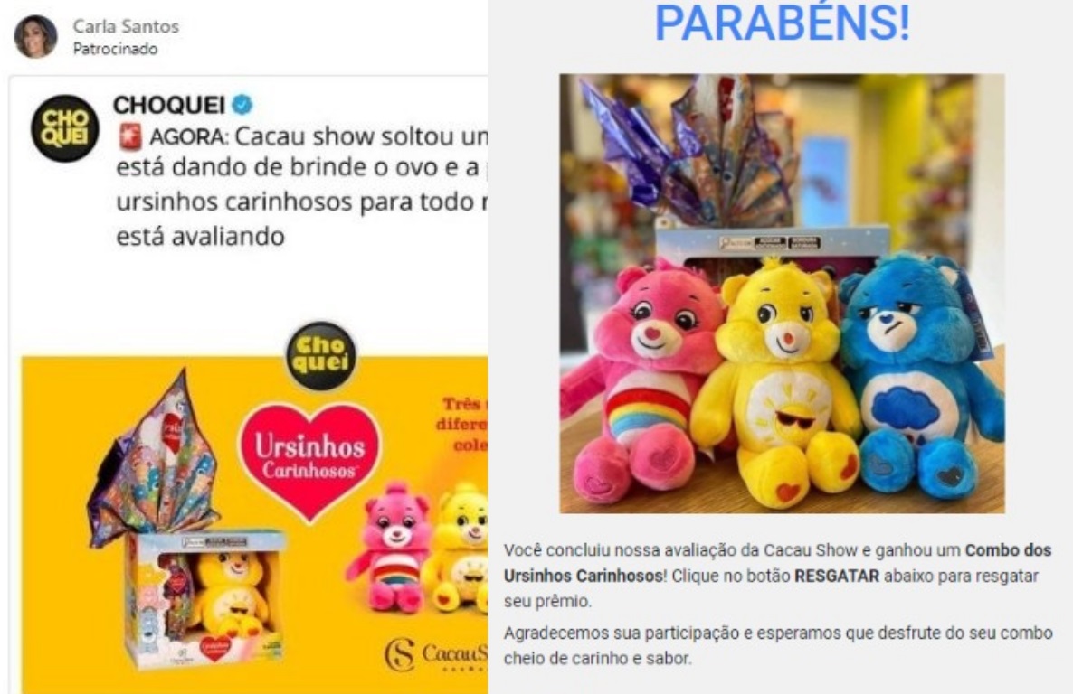Alerta de Golpe : Cuidado com falsa promoção da Cacau Show dando Ovo e Pantufa dos Ursinhos Carinhosos!