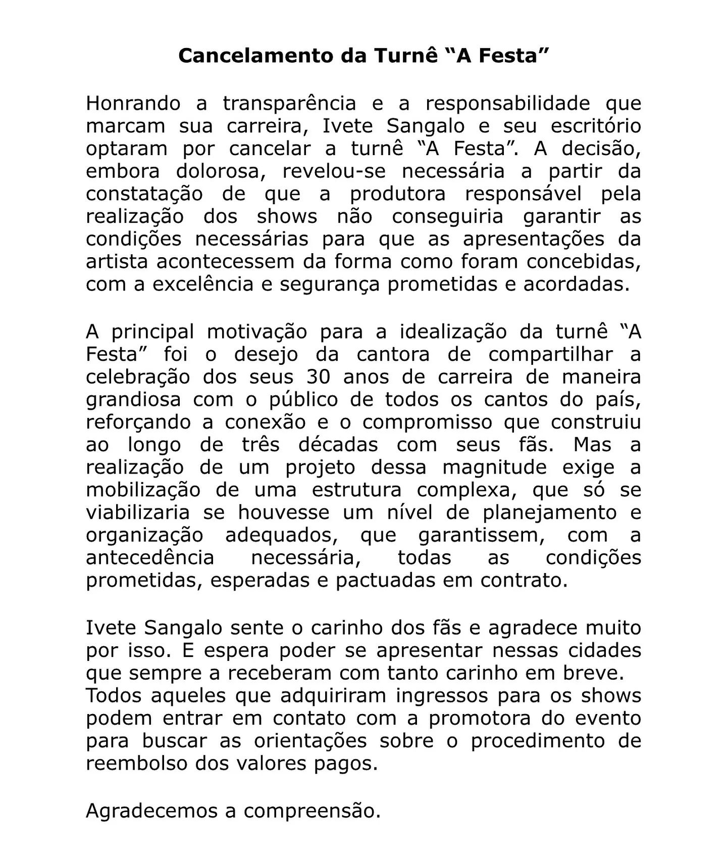 Ivete Sangalo cancela turnê em estádios 'Decisão dolorosa e necessária'