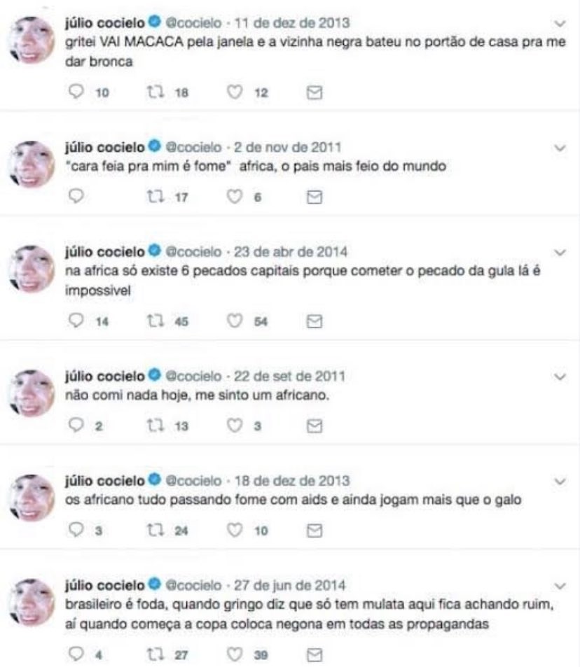 Frases Racistas do Julio Cocielo / Reprodução Twitter