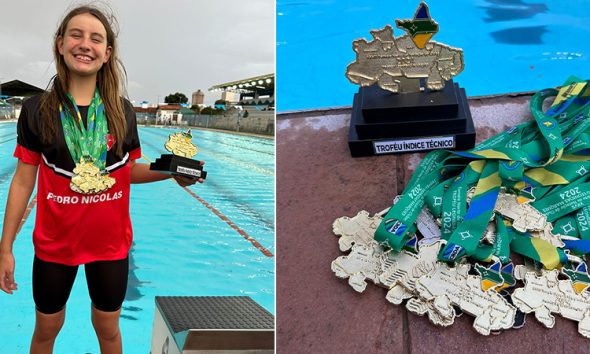 Atleta amazonense de 13 anos leva nove medalhas e troféu na Copa Norte de Natação, em Macapá