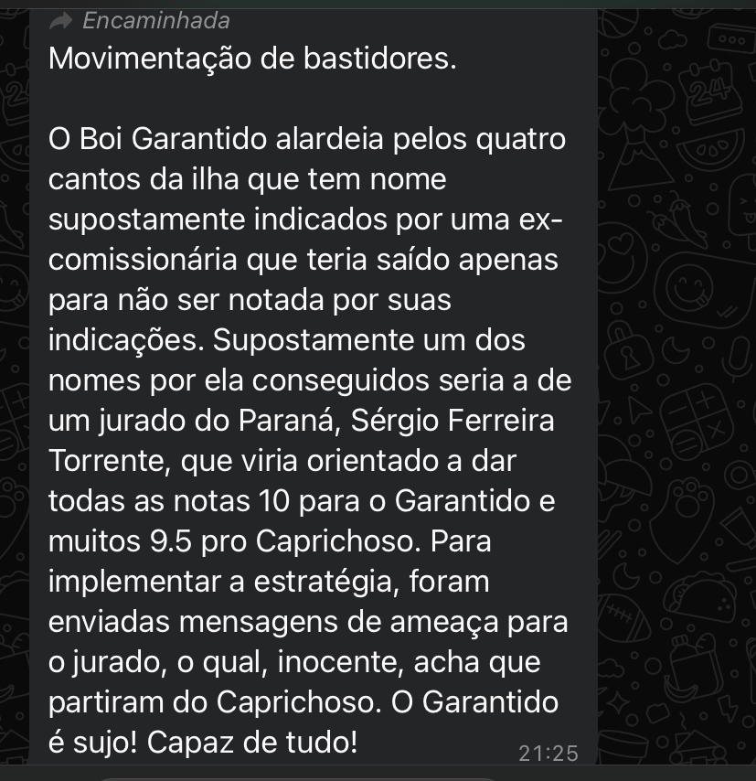 Mensagem informando o Esquema dos Jurados do Festival de Parintins 2024 / Divulgação