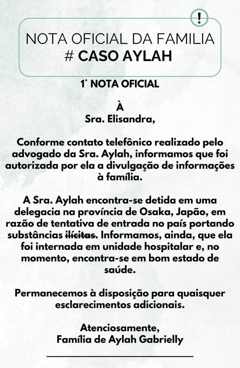 a nota da família de Aylah Gabrielly