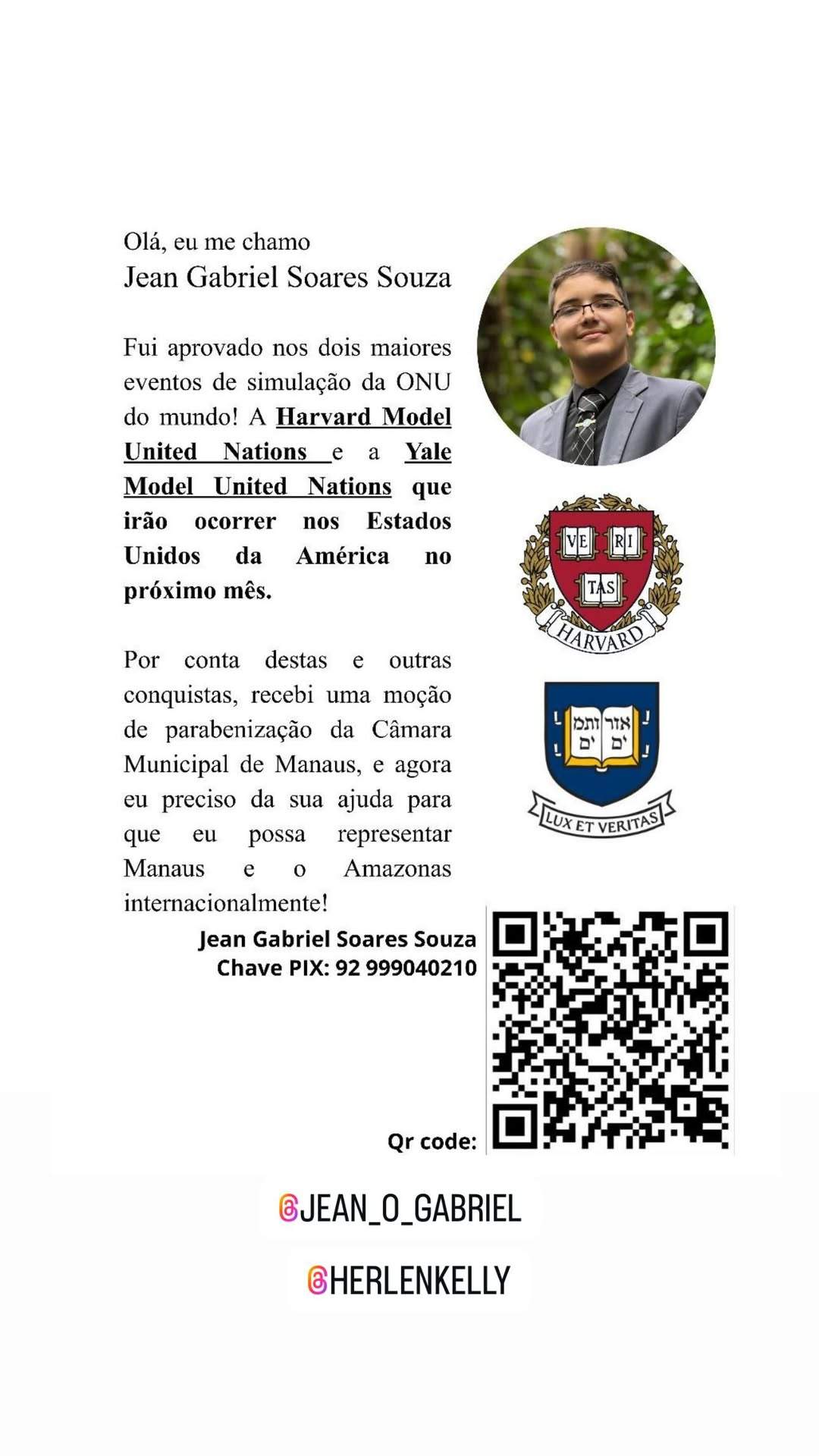 Jean Gabriel , jovem do Amazonas representará o Brasil em Harvard e Yale