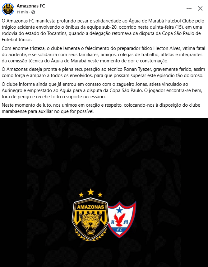 Tragédia na estrada: Ônibus do Águia de Marabá Sub-20 sofre grave acidente no Tocantins; preparador físico morre