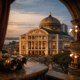 Teatro Amazonas in Manaus, Brazil, illuminated at dusk with a crowd gathered outside