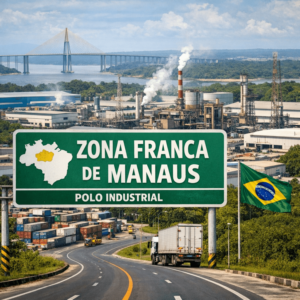 Manaus Free Trade Zone industrial area with factories, shipping containers, and a Brazilian flag