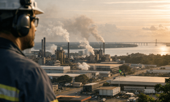 Pôr do sol na Zona Franca de Manaus: trabalhador observa o polo industrial às margens do rio.