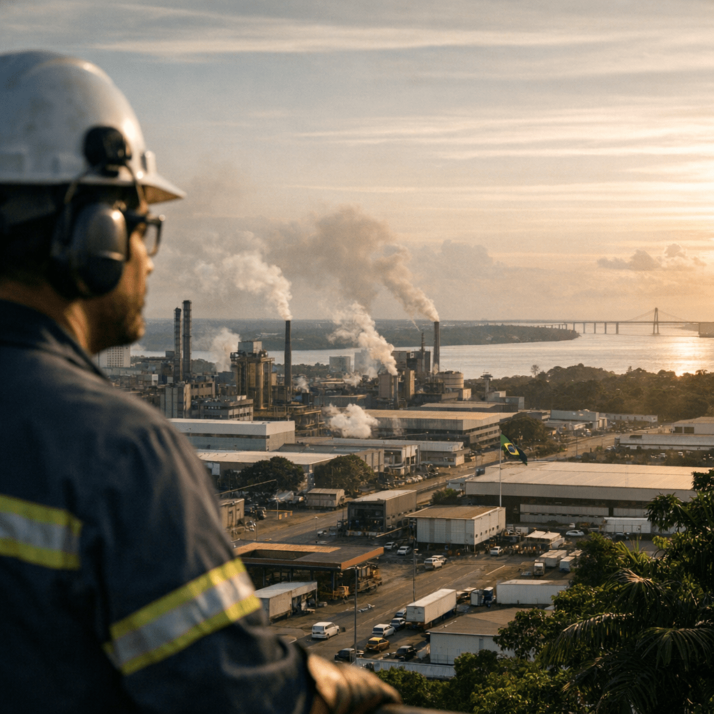 Pôr do sol na Zona Franca de Manaus: trabalhador observa o polo industrial às margens do rio.