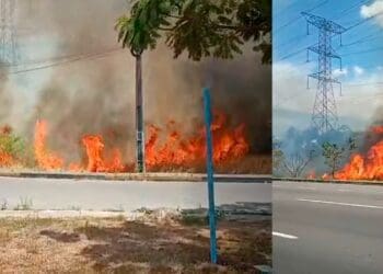 incêndio em área de vegetação provoca fumaça e congestionamento na avenida das torres, em manaus